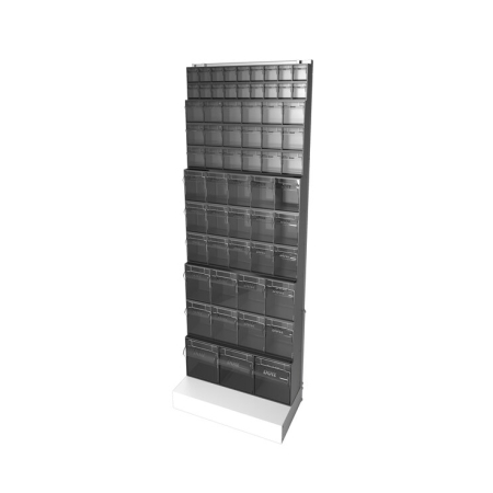 Tilt box freestanding rack 65 compartments - WxDxH: 610x325x1750mm - plastic / RAL 7016