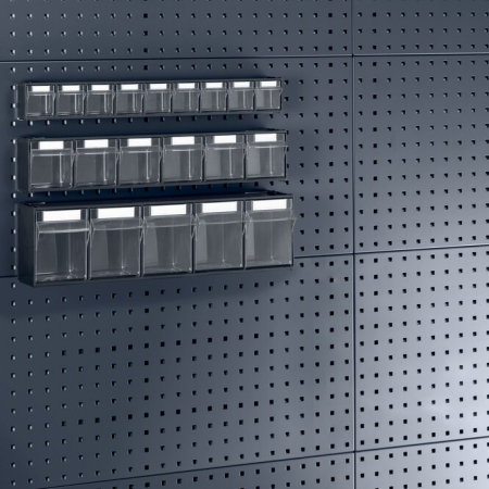 Tilt box 9 compartments with perfo holding brackets - WxDxH: 600x68x78mm - plastic / RAL 7016