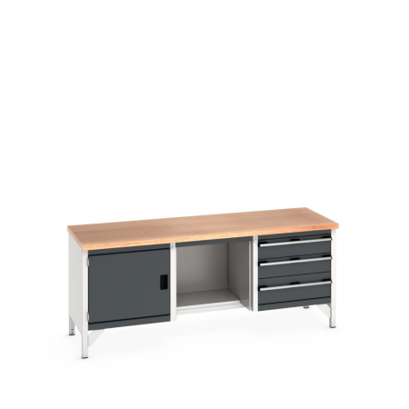 cubio storage bench (multiplex) cupboard/ open-half base shelf/ 3 drawer WxDxH: 2000x750x840mm