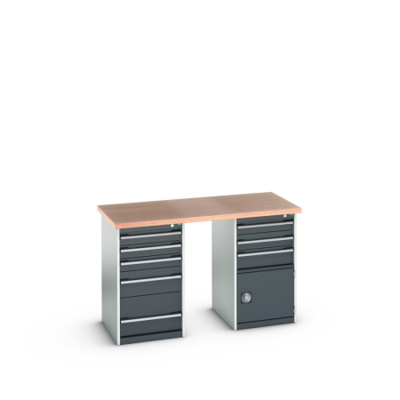 cubio pedestal bench (multiplex) with 5 drawer / 3 drawer-door cabinets WxDxH: 1500x750x940mm