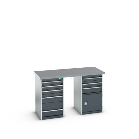 cubio pedestal bench (lino) with 5 drawer / 3 drawer-door cabinets WxDxH: 1500x750x940mm