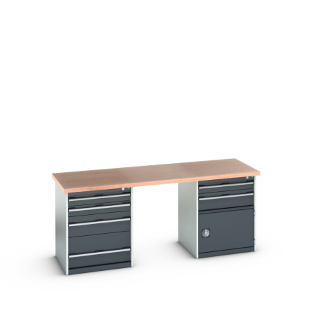 cubio pedestal bench (multiplex) with 4 drawer / 2 drawer-door cabinets WxDxH: 2000x750x840mm