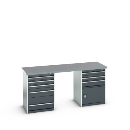 cubio pedestal bench (lino) with 5 drawer / 3 drawer-door cabinets WxDxH: 2000x750x940mm