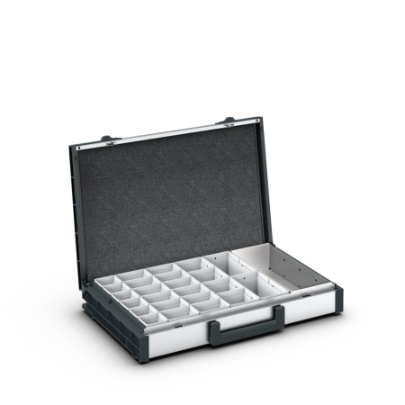 varioCase L 84 with 24 boxes and tool compartment - WxDxH: 508x337x84mm - anodised aluminium