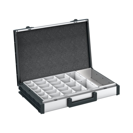 varioCase L 84 with 24 boxes and tool compartment - WxDxH: 508x337x84mm - anodised aluminium